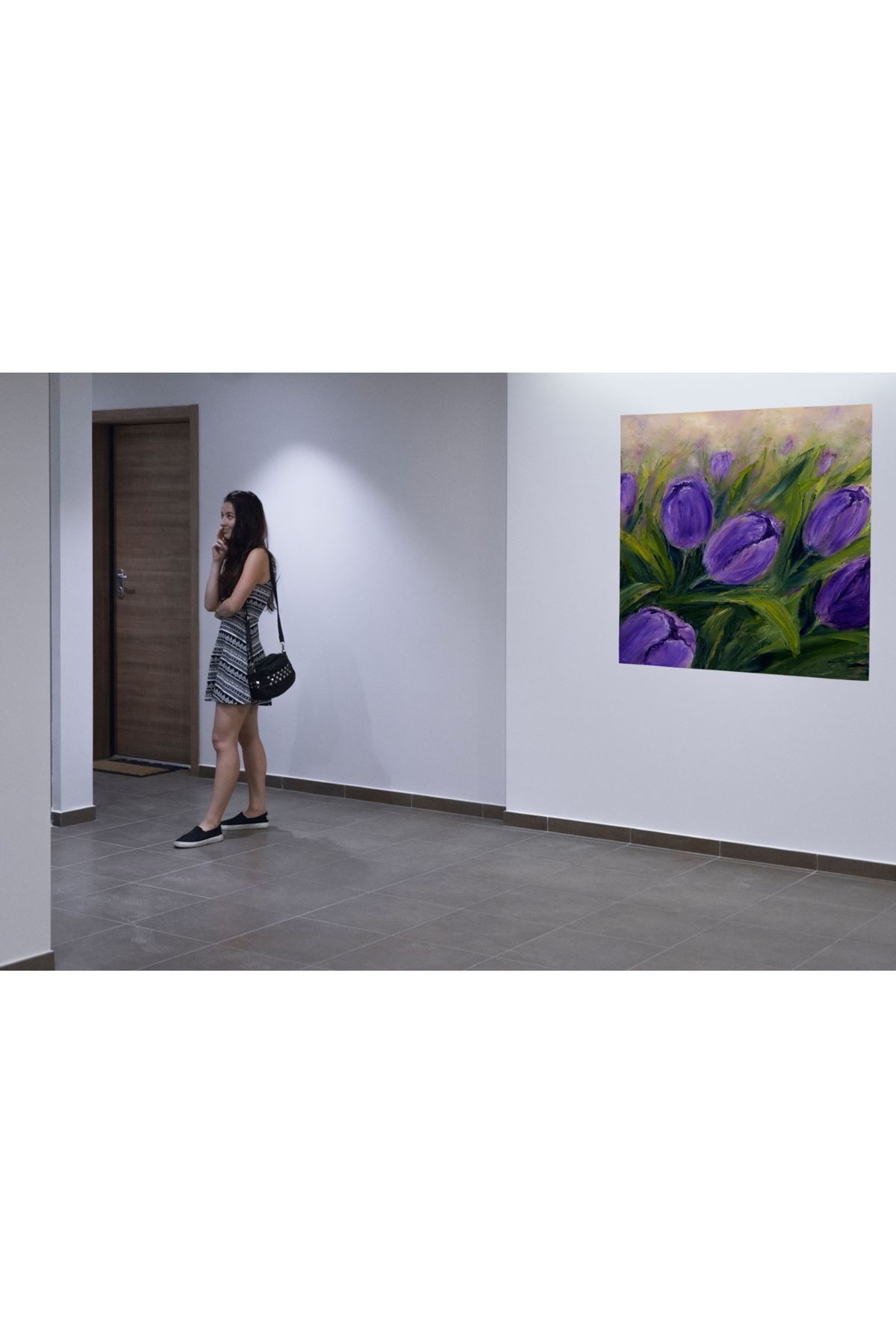 Mor Laleler Yağlı Boya Görünümlü Dijital Baskı Kanvas Tablo, Purple Tulipes