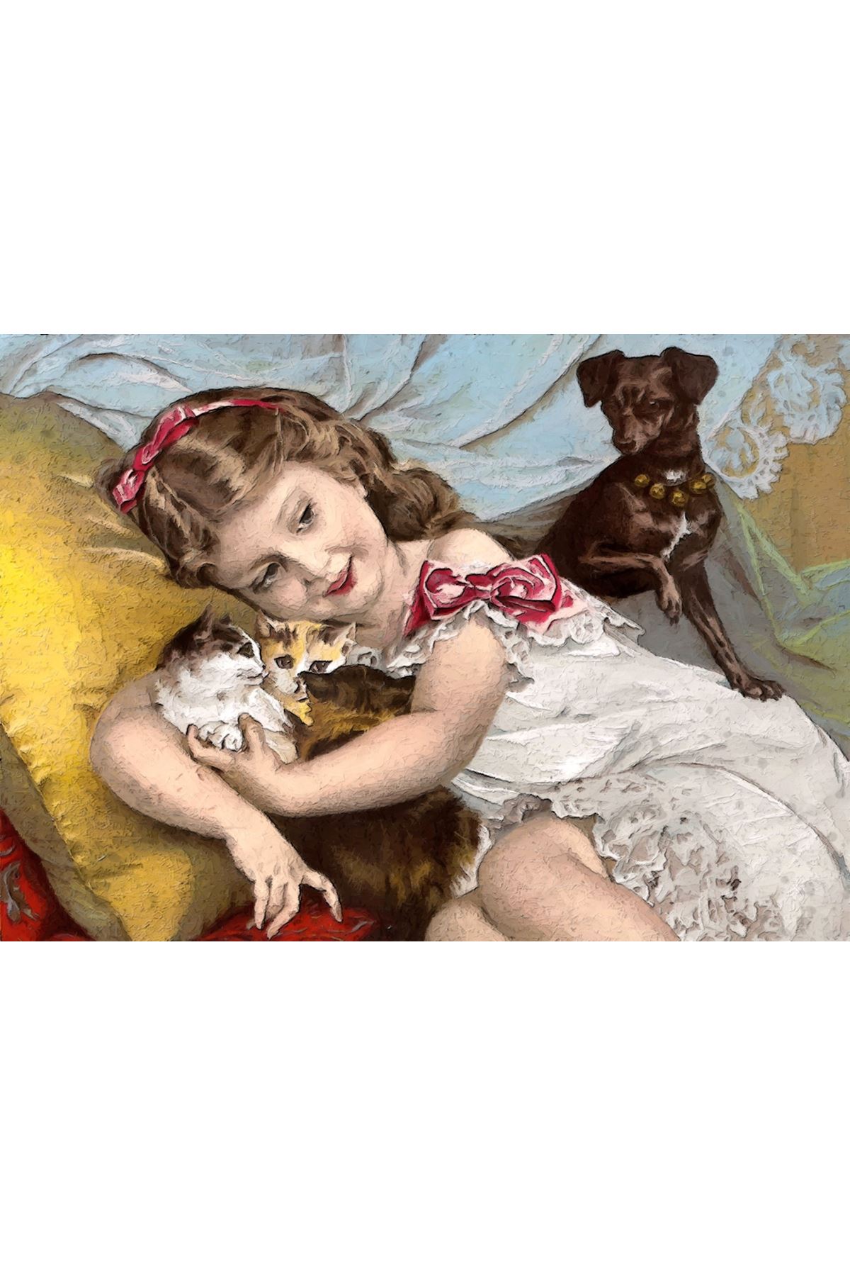 Yağlı Boya Görünümlü Küçük Kız Kediler ve Köpek Kanvas Tablo