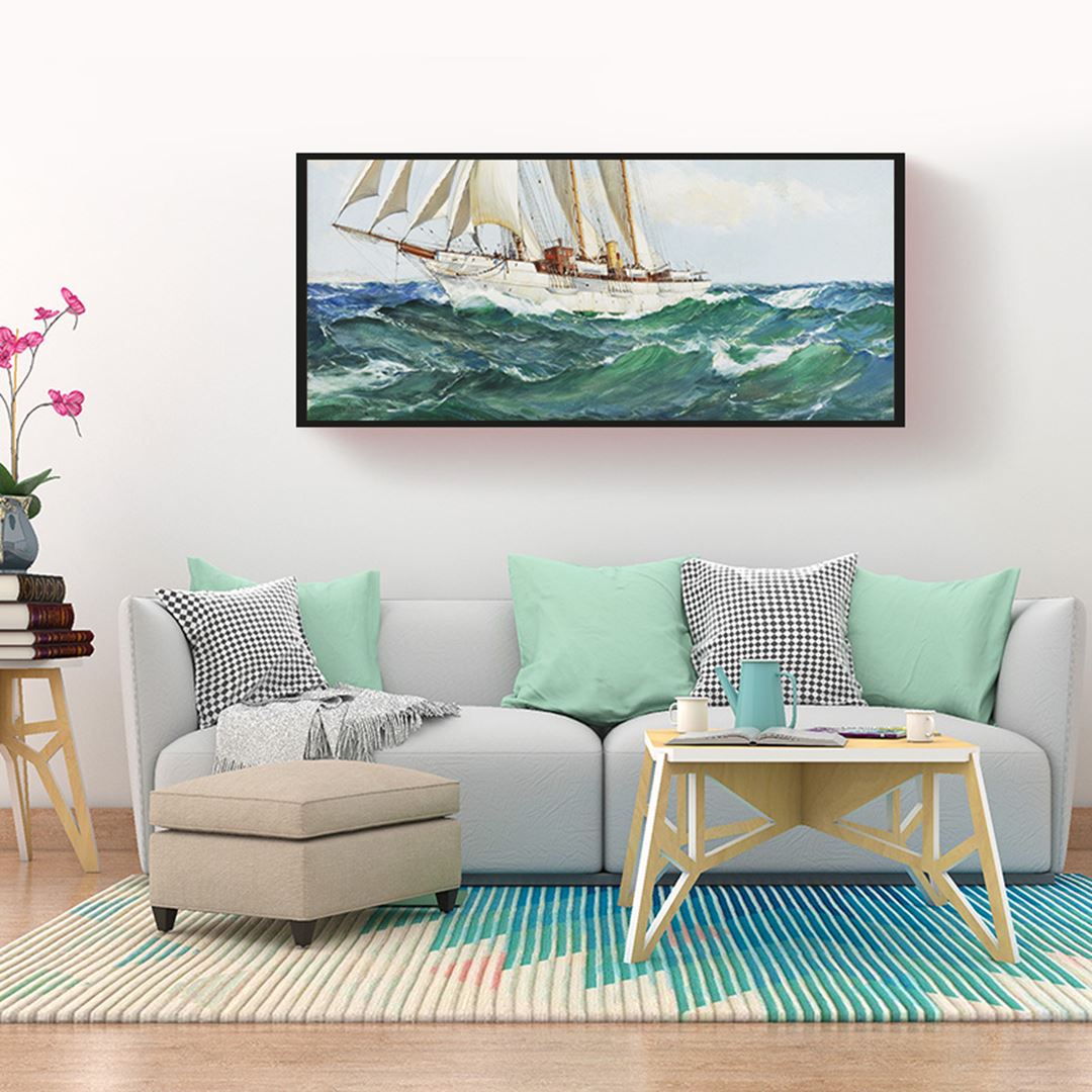 Yağlı Boya Görünümlü Panaromik Beyaz Yelkenli Kanvas Tablo