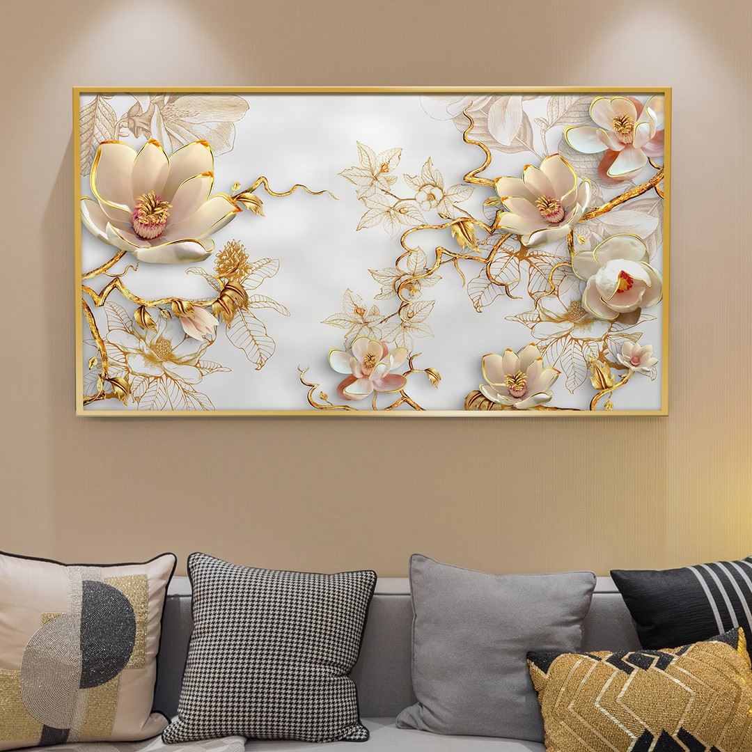 3D (KABARTMA) Görünümlü Krem Gold Çiçek Kanvas Tablo