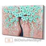 3D (KABARTMA) Görünümlü Mint Yeşili Yapraklı İnci Ağaç Kanvas Tablo
