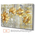 3D (KABARTMA) Görünümlü Altın Yapraklı Çiçek Kanvas Tablo 